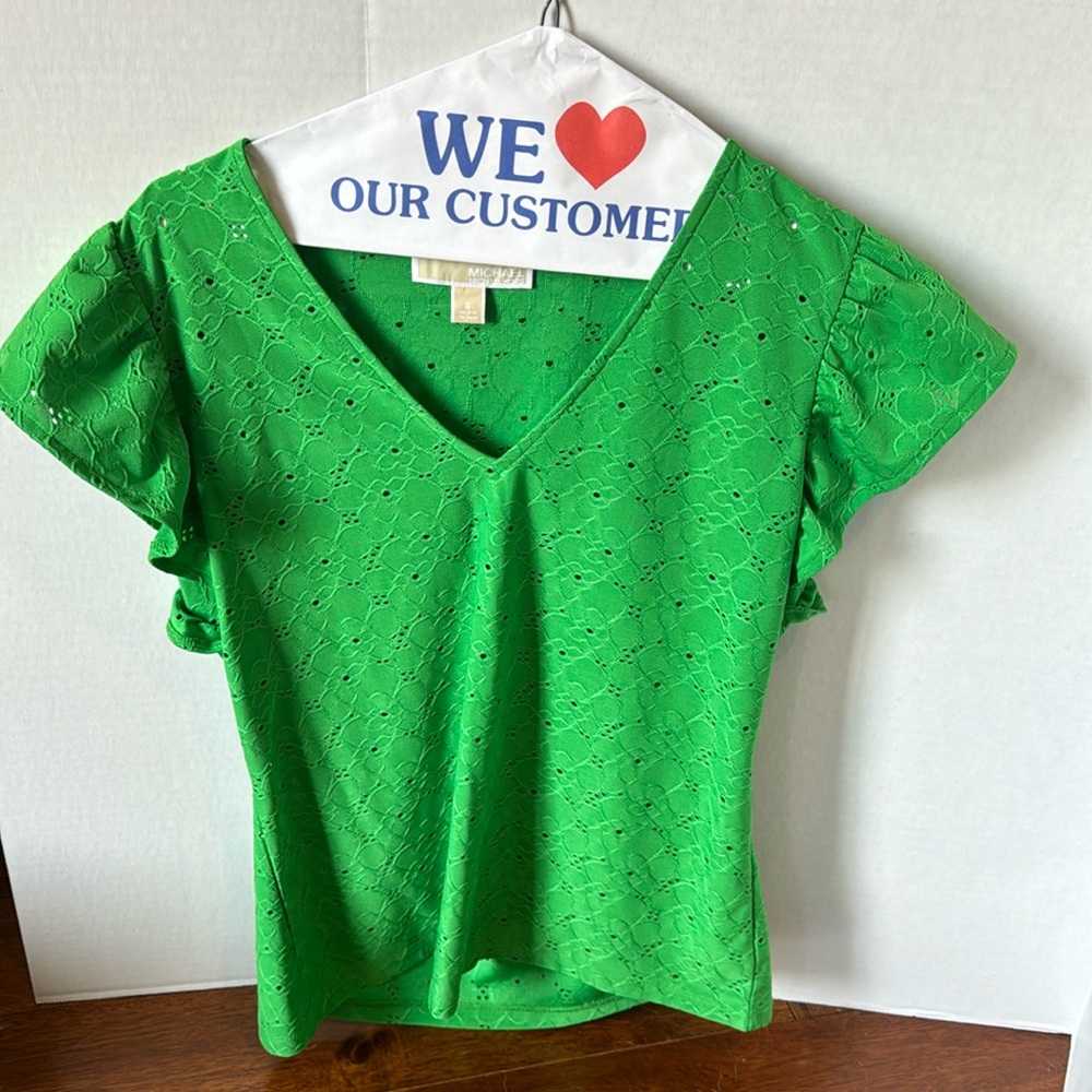 Bright green eyelet ruffle sleeve top Michael Kors small blouse